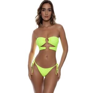 Luli Fama Brilla Double Loop Bandeau Crop Seamless Ruched Bottom Bikini New Med
